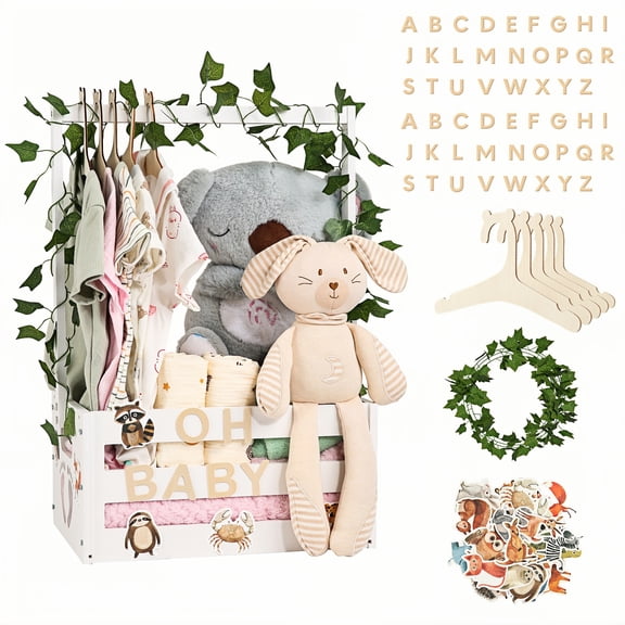 TeSabMi Baby Shower Crate Closet, Wooden Baby Shower Gift Basket with Alphabet Letters, 5 Clothes Hangers and Vine, White