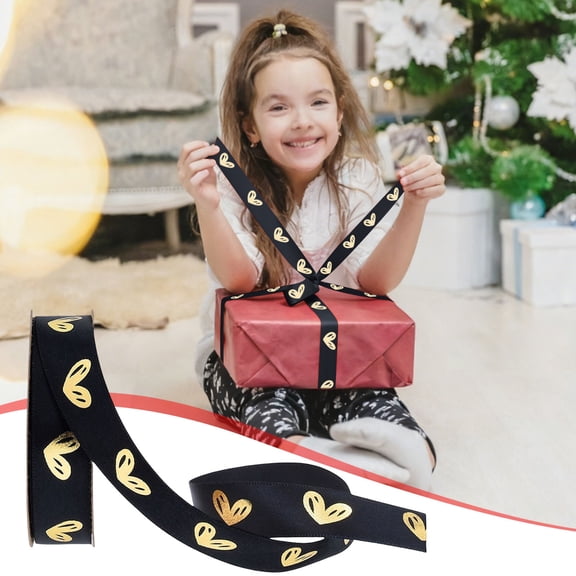 0.59in Gold Foil Printed Heart Ribbon, 10 Yards per Roll DIY Satin Ribbon, Perfect for Gift Wrapping, Bouquets, Baking Decor & Handmade Crafts, Romantic and Shiny Decoration Ribbon, Black, 1pc