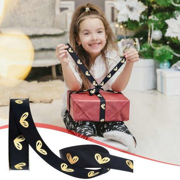 Cinta de satén con corazón estampado en lámina dorada para manualidades y envoltura de regalos | 1 rollo de cinta con alambre para lazos, coronas y decoraciones de boda y Navidad