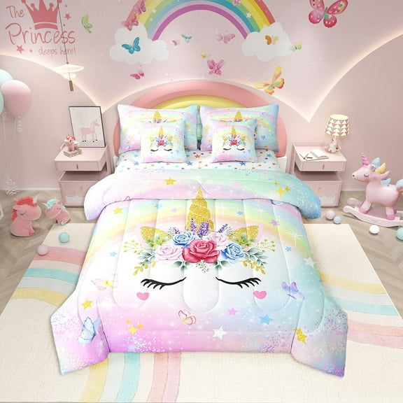 Erosebridal Kawaii Unicorn Bedding Sets Twin Size, Colorful Rose Comforter Sets with Sheets, Dreamy Rainbow Decor, Reversible