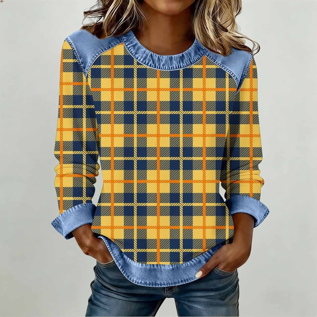 TaTaai Womens Fashion Plaid Long Sleeve Patchwork Round Neck Tops Casual Loose Fit Soft Breathable Blouse Versatile Daily Wear Shirt For Spring Summer Office Outfits Gift