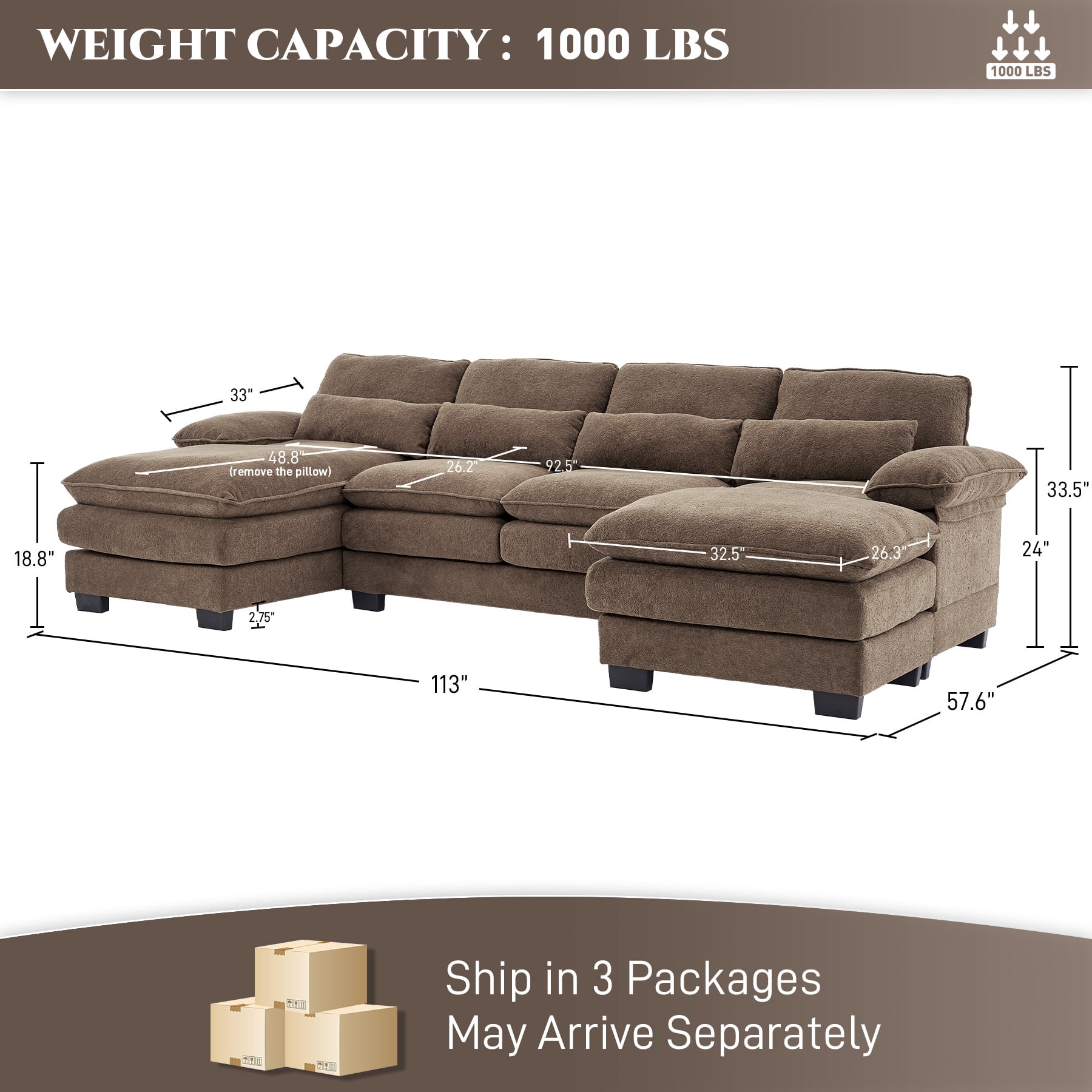 Wiilayok 114" U Shaped Sectional Sofa with Chaise Lounge and Ottoman,Chenille Modular Sectional Sofa Couch for Living Room,Brown