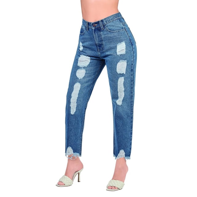 100-66 Pantalón de mezclilla dama jeans roto mom fit de tiro alto Cklass 100-66