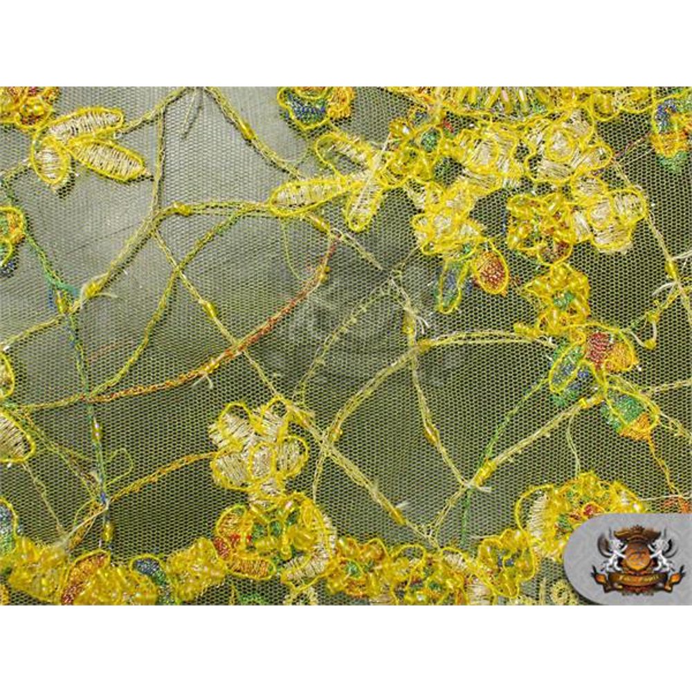 Mesh Lace Embroidered Floral Hand Beaded Fabric YELLOW / 52" Wide