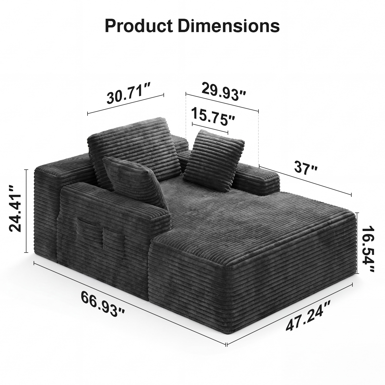 Noelse 67" Oversized Chaise Lounge, Gray Corduroy photo 8