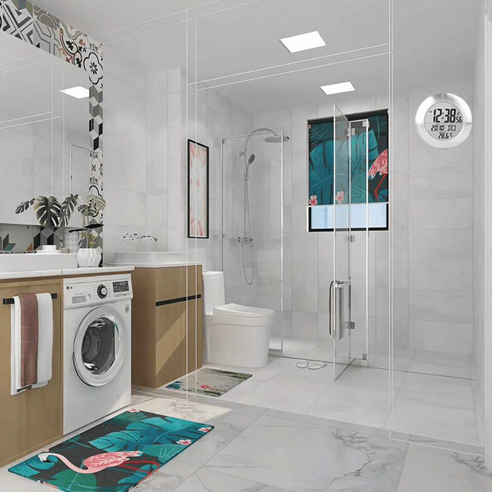 Digital Bathroom Shower Wall Clock, Waterproof Spray, Moisture Proof Meter, Moisture Proof, Large Screen Display, Calendar Month and Date, [4 Strong Suction Cups] Hanging Hole Silver Frame