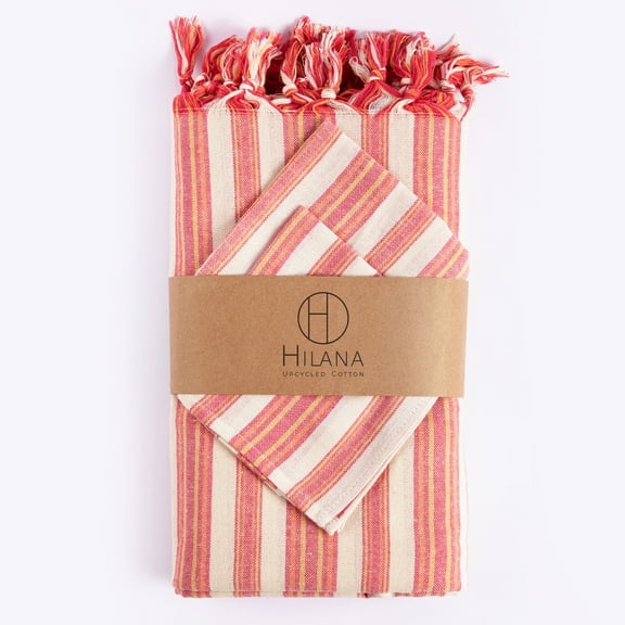 Hilana Upcycled Cotton Andana Striped Tablecloth Set Magenta