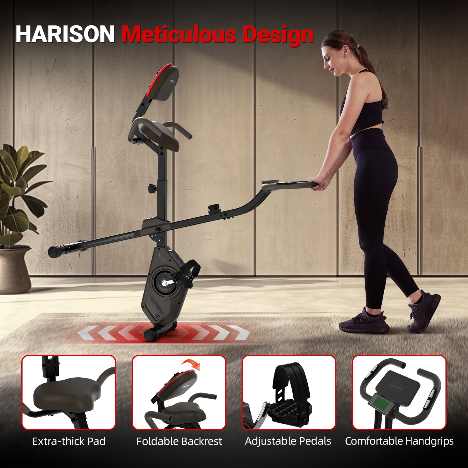 HARISON Folding Exercise Bike 350 LBS Capacity, Stationary Exercise Bike for Home with 16-Level Resistance and Arm Resistance Bands, Magnetic X-Bike with LCD Monitor