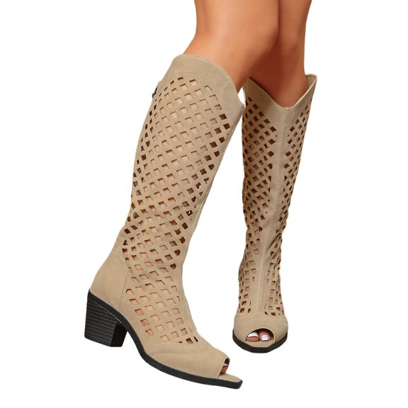 Purcolt Womens Hollow Cutout Mid-Calf Boots Y2K Vintage Cowgirl Open Pointed Toe Block Heel Short Booties Lightweight Casual Non-Slip Booties with Back Zipper