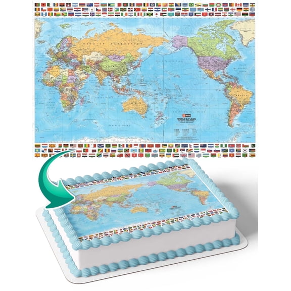 World Map Globe Earth Edible Image Icing Cake Topper for Quarter Sheet Cake, by TNCT