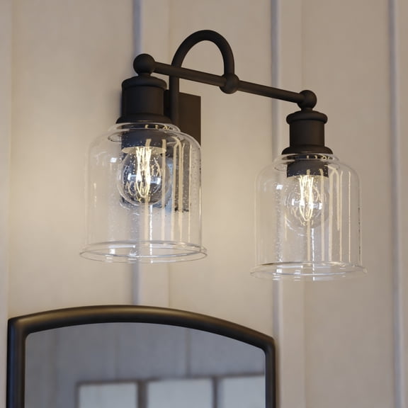 Northbrook 2-Light 16 in. Wide Matte Black Traditional Bathroom Vanity Lighting Fixture, Clear Seeded Cylinder Glass Shade, Dimmable, LED Compatible, Over the Mirror Mounted Steel Wall Sconce