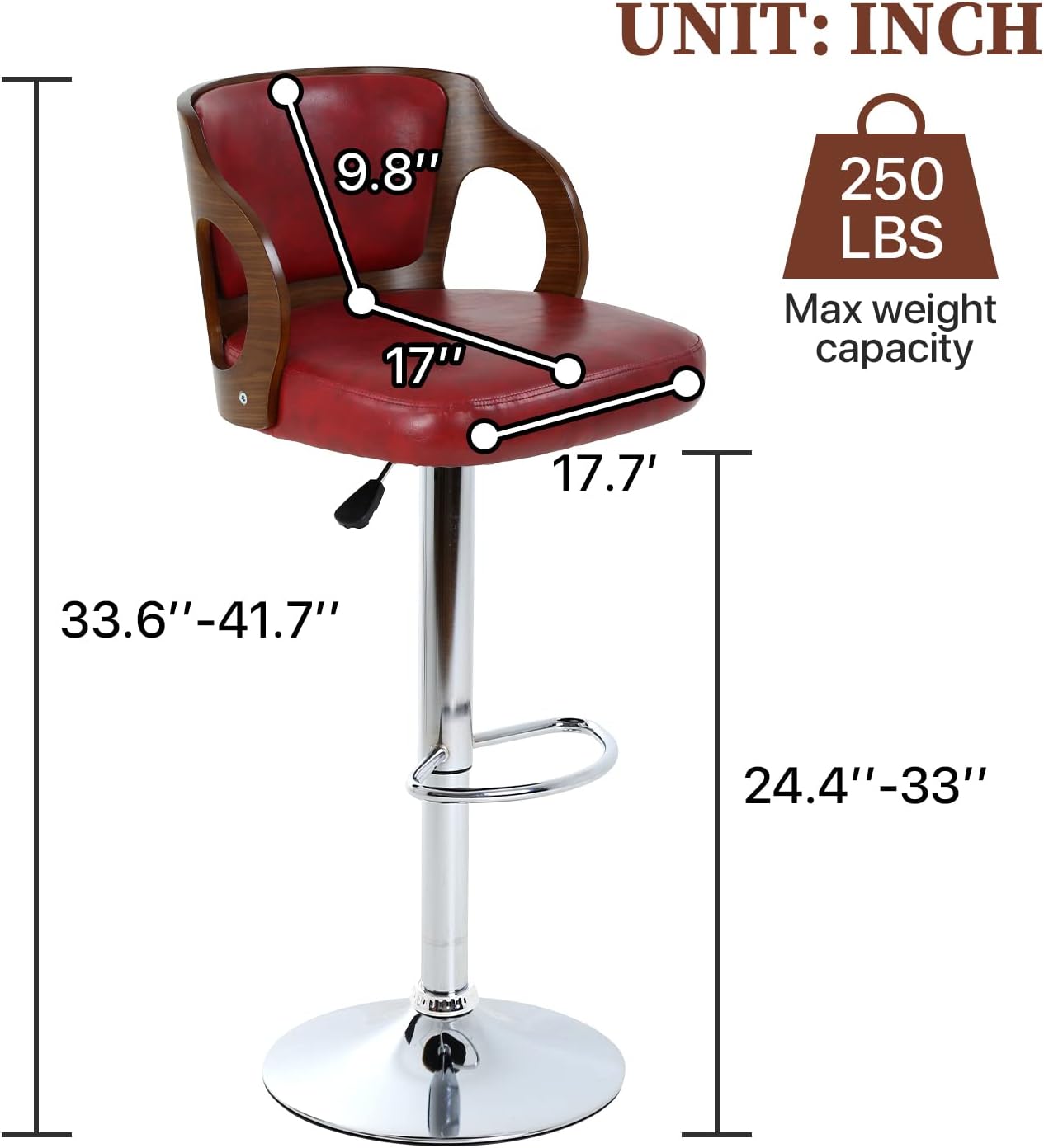 Dkelincs Bar Stools Set of 2, Adjustable Counter Height Stool Swivel Kitchen Dining Chairs with Backrest & Arms, Red