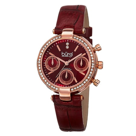 - Women's Diamond Swiss Quartz Multifunction Dual-Time Leather Strap Watch
