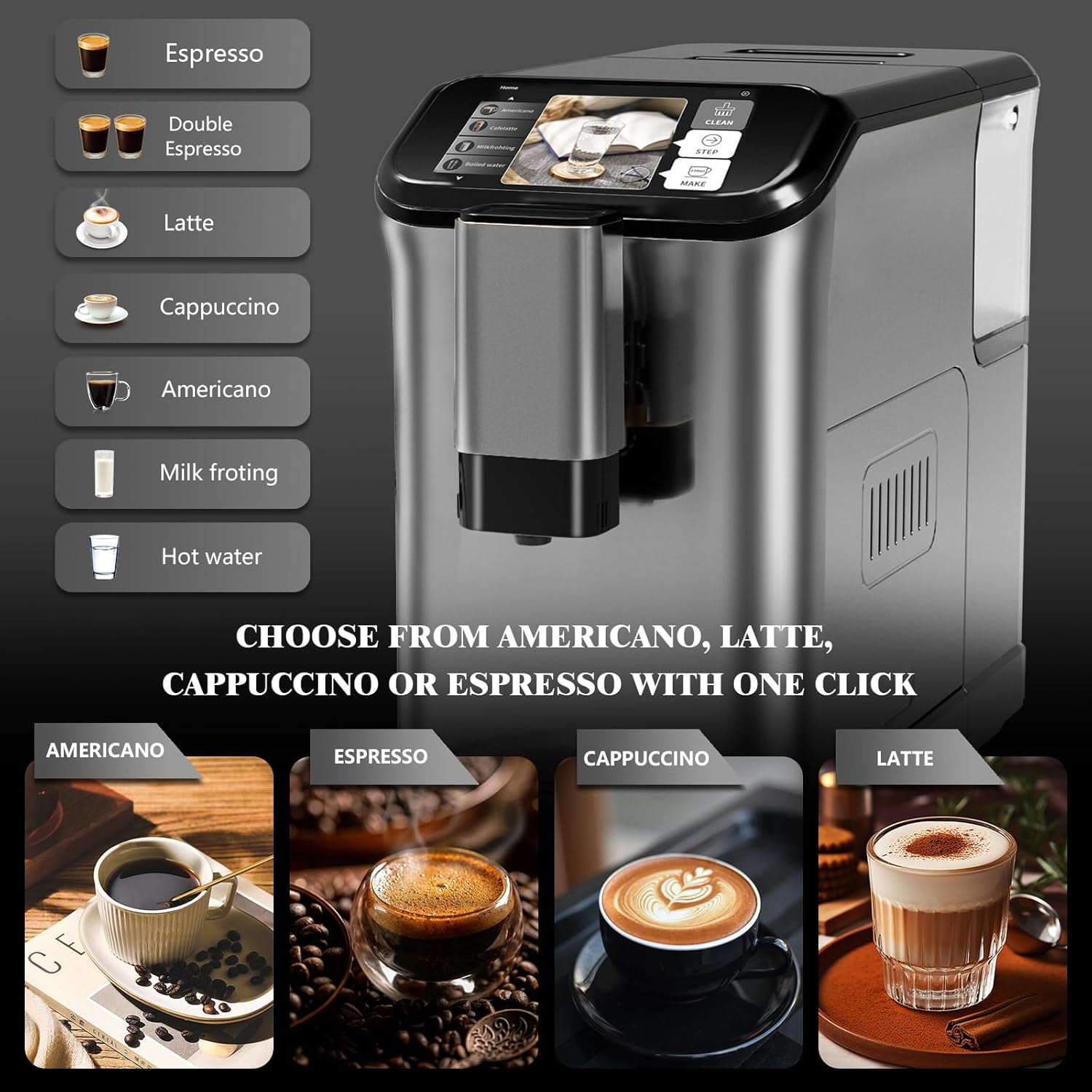 Acekid Fully Automatic Espresso Machine Coffee Maker, 20 Bar Milk System, 7 Coffee Varieties, Intuitive Touch Display, Auto Clean Filter