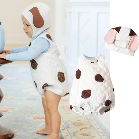 ZHOGXU Cute Puppy Outfit For Toddler Infant Baby Boys Girls Sleeveless Romper Jumpsuit With Hat Playful Animal Design White 2-3 Years