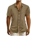 thumbnail image 2 of Eryao Men's Cotton and Linen Striped Jacquard Shirts Short Sleeve Solid Color Classic Tops Button Down Casual Beach Polo Tees,Coffee,S, 2 of 6