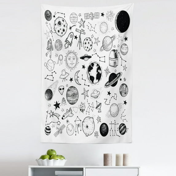 Cartoon Tapestry, Hand Drawn Planets Asteroids Constellations Monochrome Elements from the Universe, Fabric Wall Hanging Decor for Bedroom Living Room Dorm, 5 Sizes, White Black, by Ambesonne
