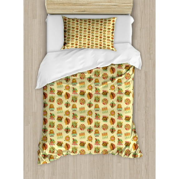 Jazz Music Duvet Cover Set Twin Size, Music Festival Theme with Various Instruments Saxophone Musician Microphone, Decorative 2 Piece Bedding Set with 1 Pillow Sham, Multicolor, by Ambesonne