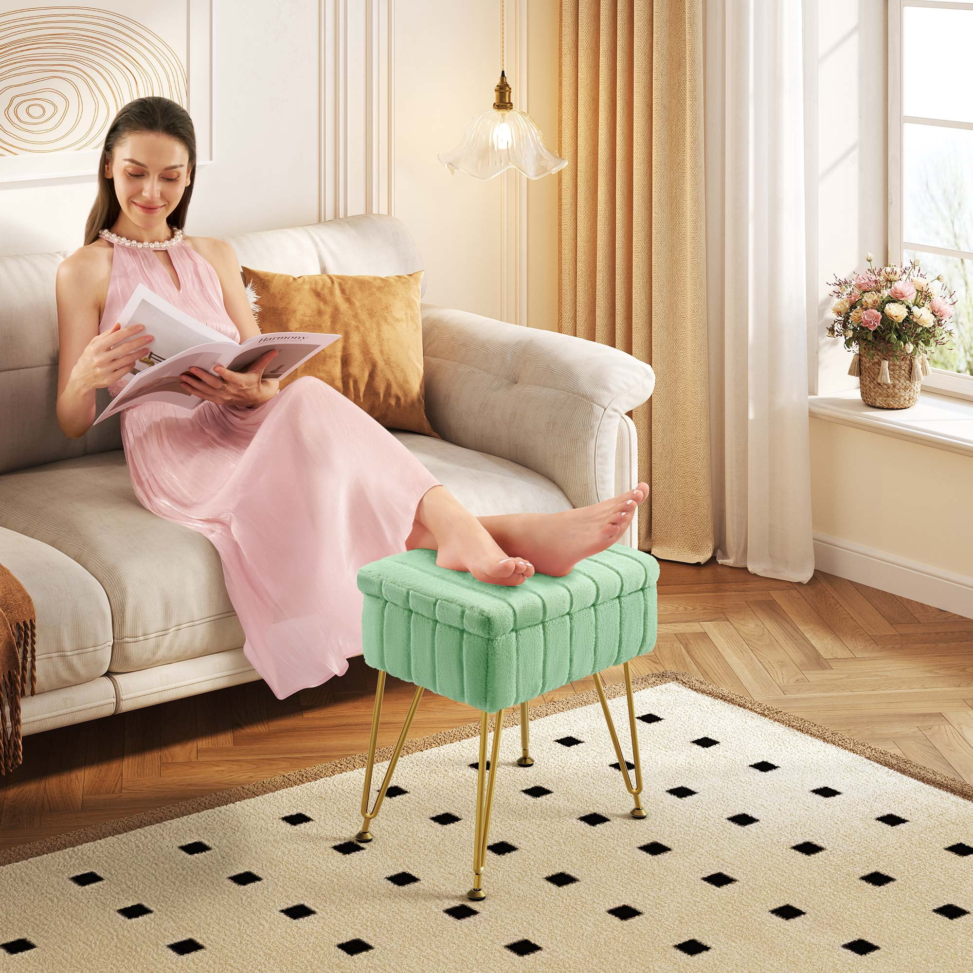 Greenstell Footstools Ottoman Bench with Storage, 15.5”L x 11.6”W x 19.2”H Vanity Faux Fur Padded Stool with Coffee Table Padded Seat and Adjustable Feet for Makeup Bedroom Entryway, Green
