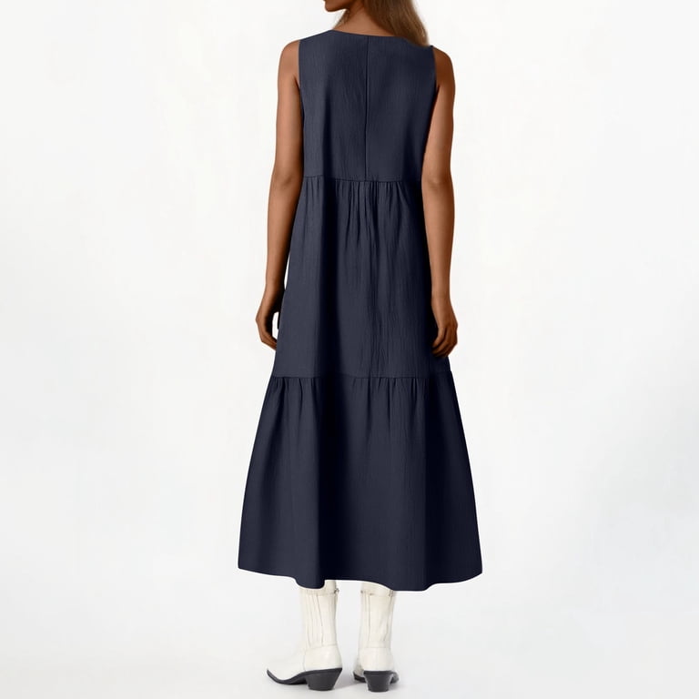 Dresses For Women 2025 Elegant Classy, Linen Casual V Neck Sleeveless Maxi  Tank Sundress Plus Size Loose Swing Beach Wedding Guest Dress Navy Blue  Ladies Dresses Romper Dresses (L, Dark Blue) ZMTing -