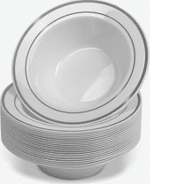 Exquisite 14 oz 40 Ct. White with Silver Rim Wedding & Party Disposable Plastic Soup Bowls