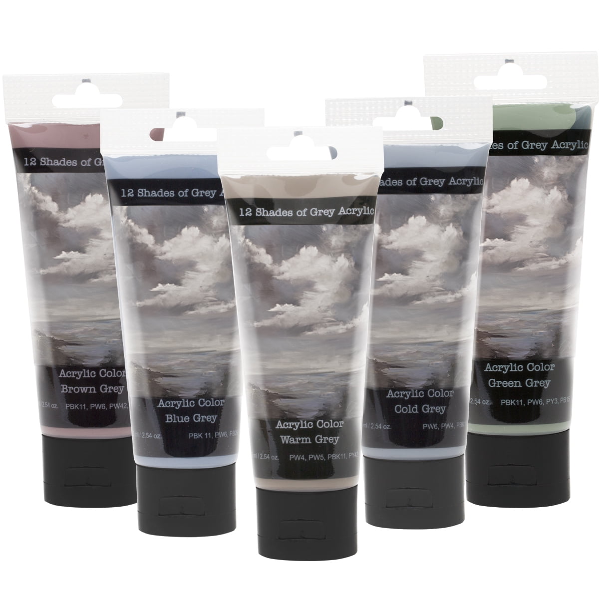 12 Shades Of Grey Acrylic Paint Colors - Brown Grey 75ml (2.5 oz.), Highly Pigmented Grey Acrylic Colors for Painting & Crafts