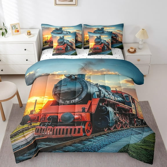 Erosebridal Vintage Train Bedding Twin Size, Retro Steam Engine Comforter Sets with Sheets, Transportation Railway Duvet Set, Breathable Room Decoration, Reversible 7-Piece