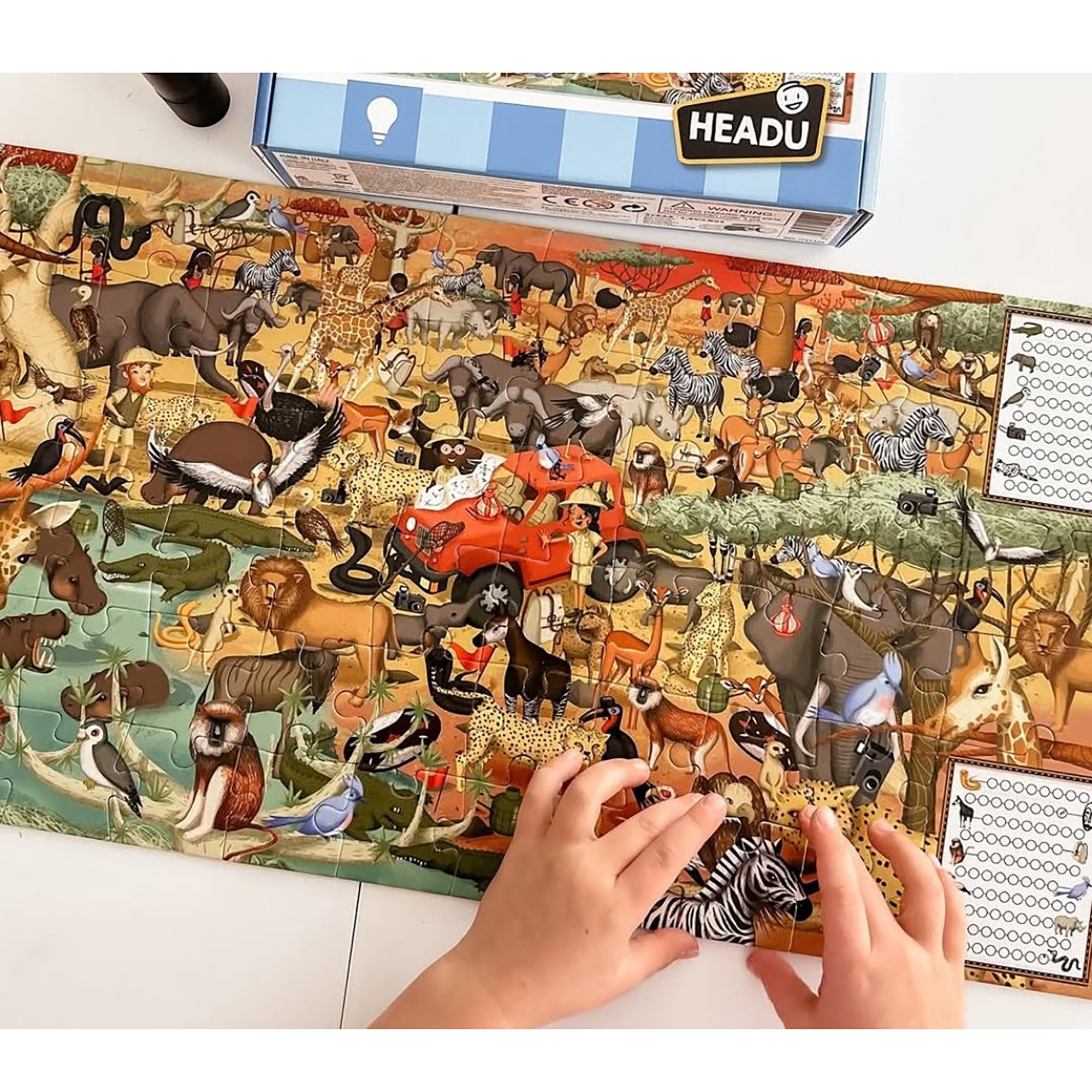 Headu: Explore The Forest Puzzle - 70pc Activity Jigsaw, Magic Reveal Light, 27x17" Jungle Ecosystem Scene, Search & Find Plants & Animals, Kids 5+