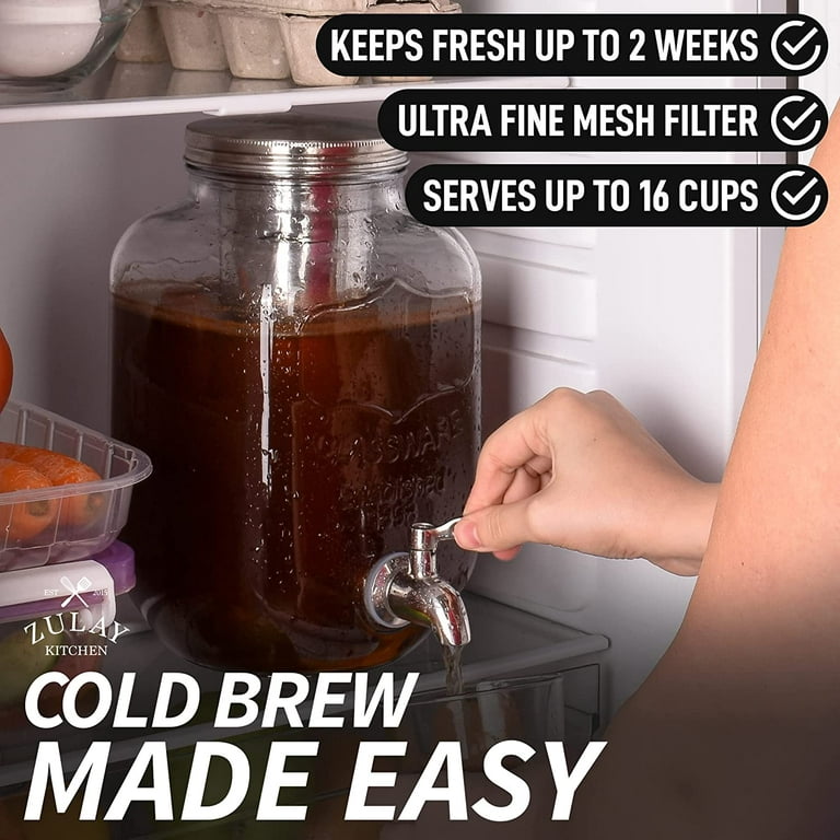 Cafe du Chateau Cold Brew Coffee Maker - 34 Ounces - Air Tight Seal with Faster Steep Time - Ice Tea and Coffee Glass Pitcher - Stainless Steel Iced