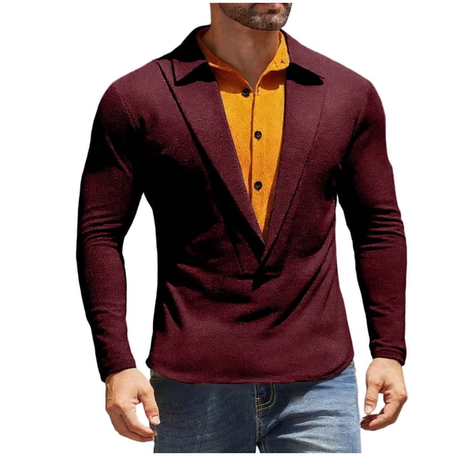 Kalauyu Mens Long Sleeve Muscle T Shirts Casual V-Neck Fake Two Pieces Tee Shirts