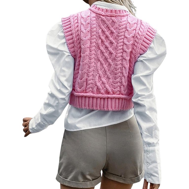 Romwe Women's Cable Knit Crop Sweater Vest Preppy Style Sleeveless