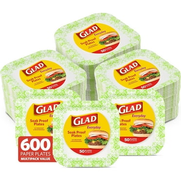 Glad Square Disposable Paper Plates for All Occasions  New & Improved Quality  Soak Proof, Cut Proof, Microwaveable Heavy Duty Disposable Plates  10" Diameter, 600 Count Green