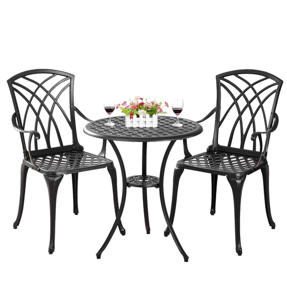 Withniture 3-Piece Patio Bistro Furniture Set, Cast Aluminum Patio Bistro Set with Umbrella Hole Rust-Resistant Outdoor Bistro Set, Black