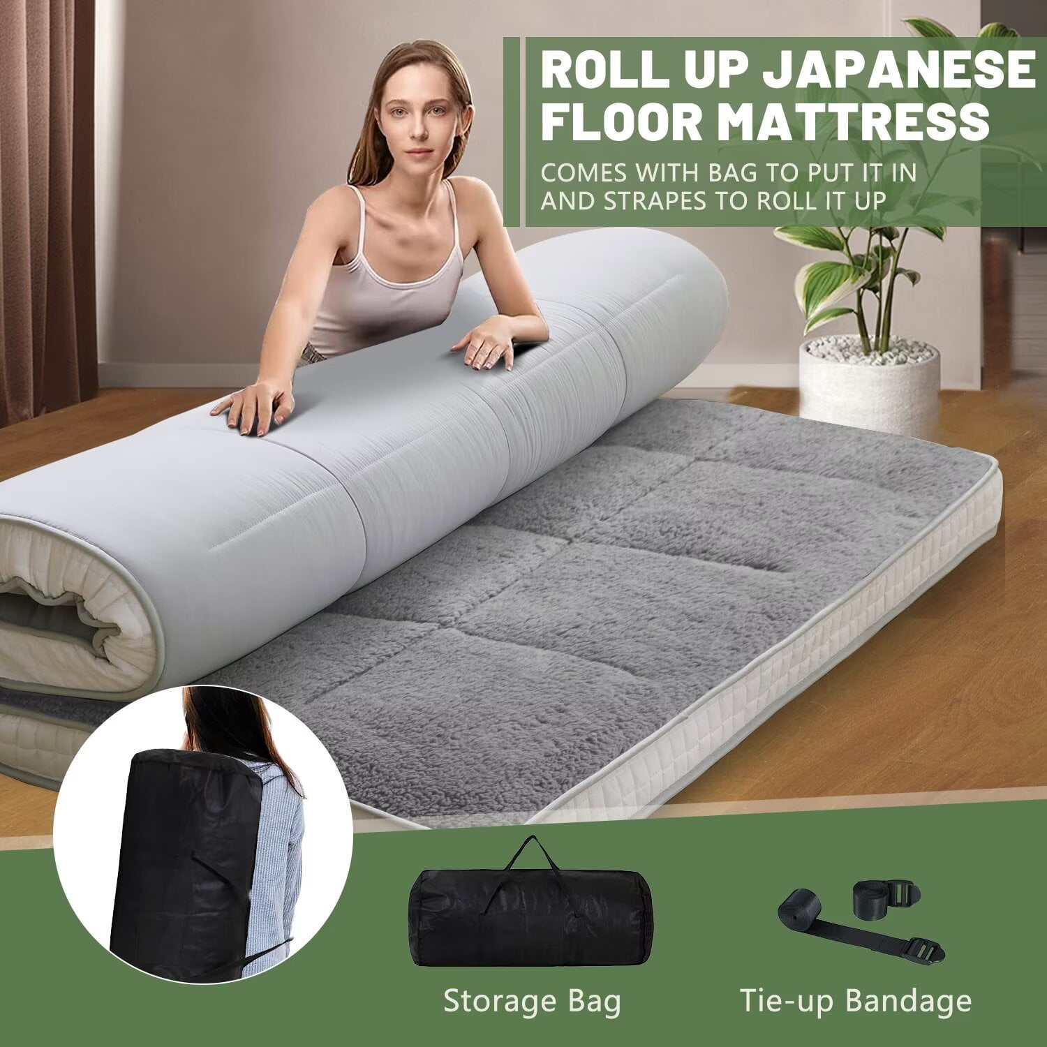 MOPHOTO Upgraded Extra Thick Floor Mattress with Storage Bag,Japanese Futon Mattress,Folding Sleeping Padded Futon Mattress Portable Camping Mattress,Gray,Full