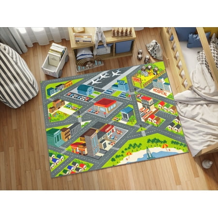 KC Cubs Playtime Collection Multicolored Polypropylene Road Map Educational Area Rug - 5 0 x 6 6