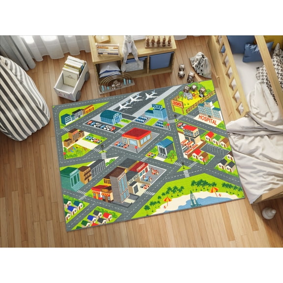 KC Cubs Playtime Collection Multicolored Polypropylene Road Map Educational Area Rug - 8'2" x 9'10"