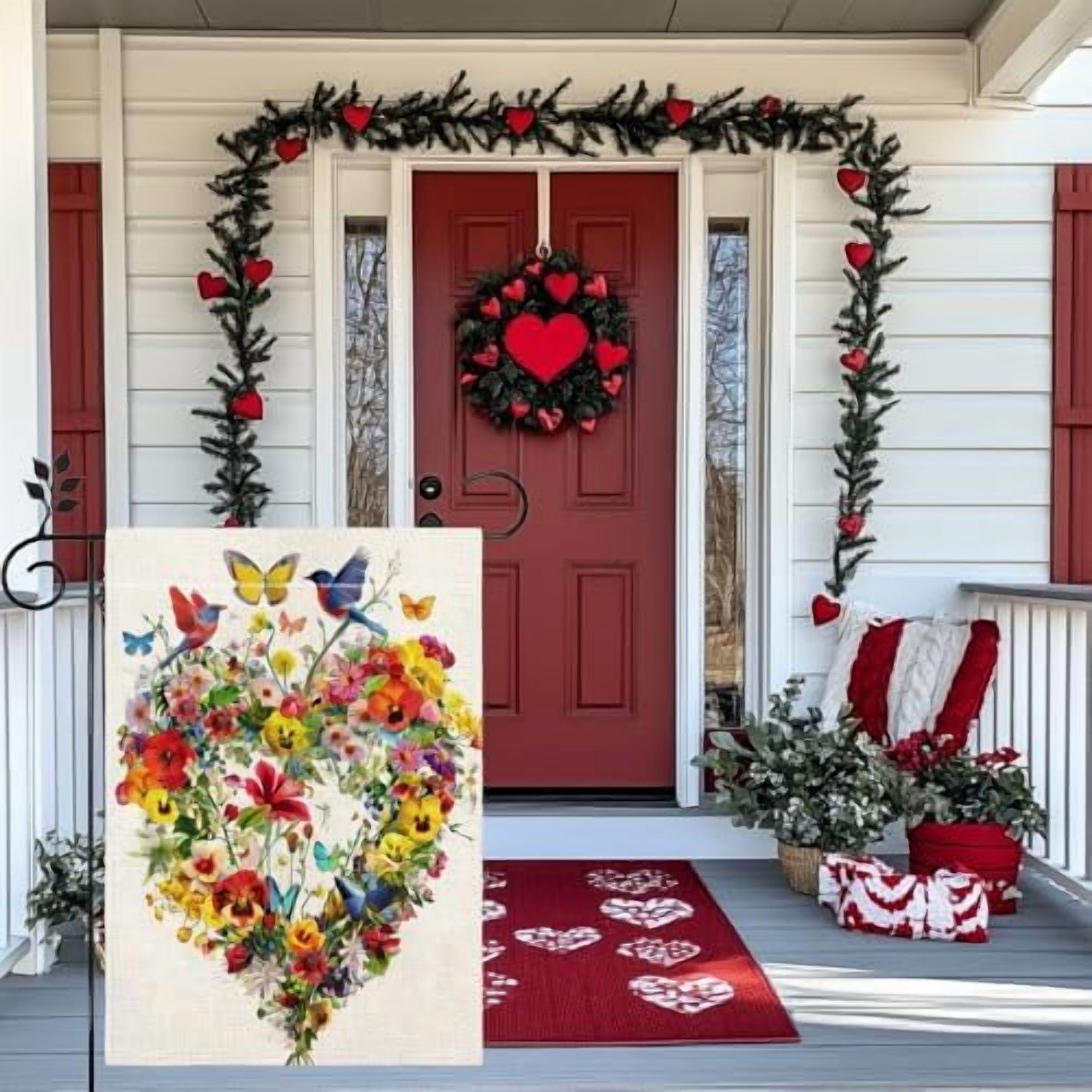 Spring Summer Birds Flowers Butterflies Garden Flag for Outside, Colorful Floral Love Hearts Outdoor Yard Flag 12x18 Inch Double Sided Burlap