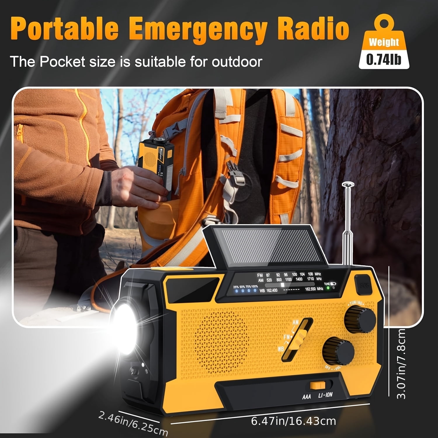 Greadio Emergency Weather Radio, Solar Powered NOAA Hand Crank Radio with Flashlight, Portable Radio, Retail Packaging, Orange, 1 Count