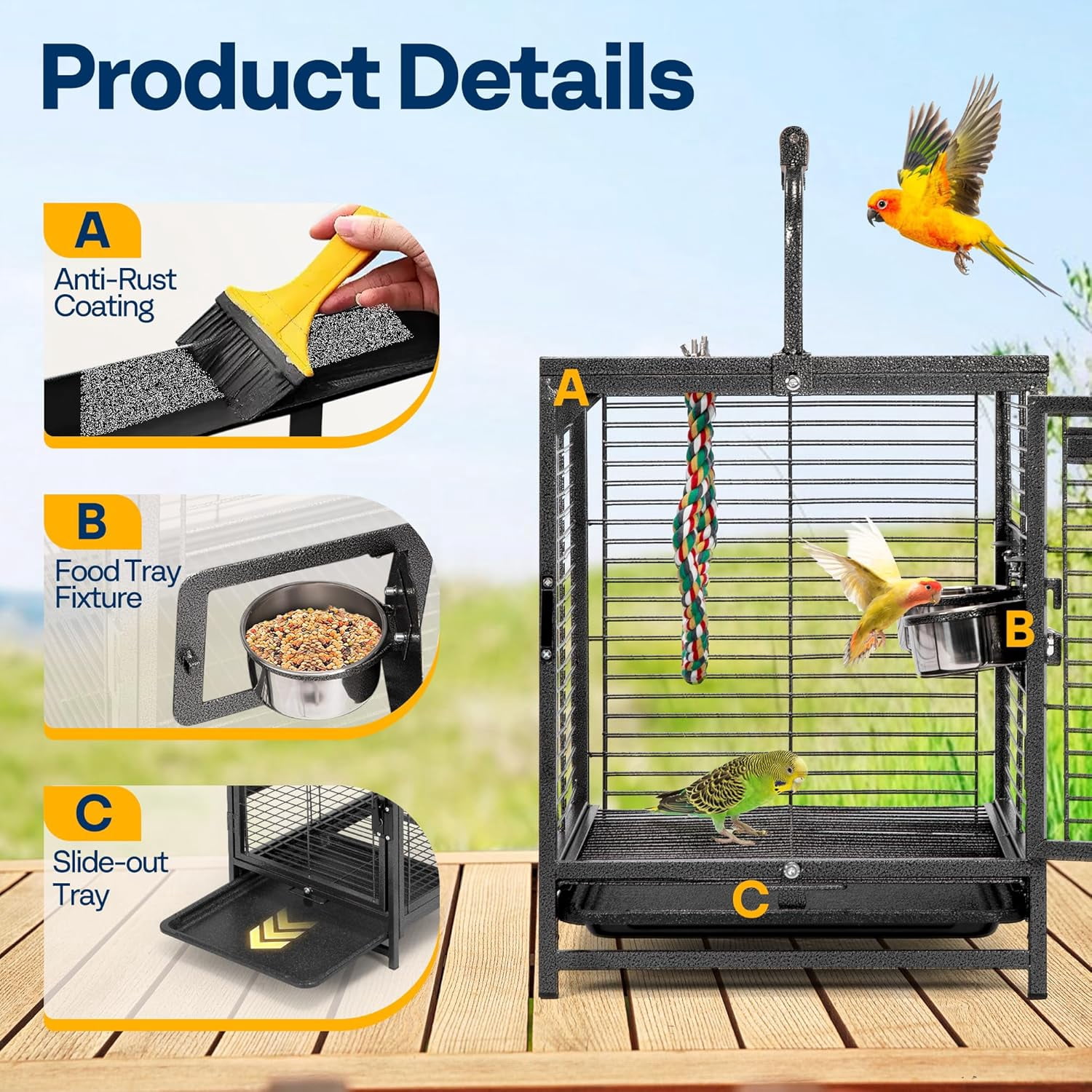 19 Inch Wrought Iron Bird Travel Carrier Cage for Parrots Conures Lovebird Cockatiel Parakeets Black