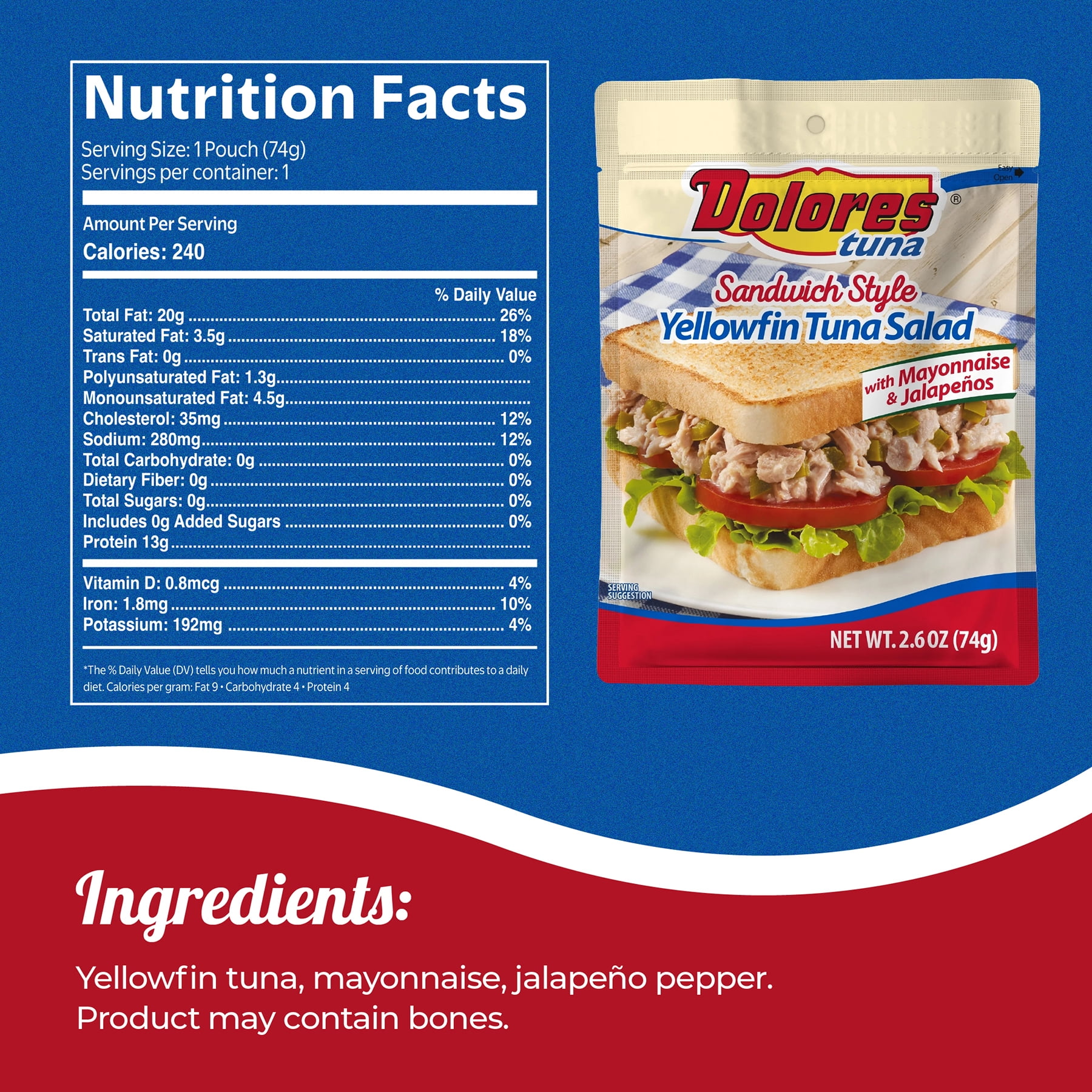Dolores Yellowfin Sandwich Style Tuna Salad, 13g Protein, 2.6 oz Pouch