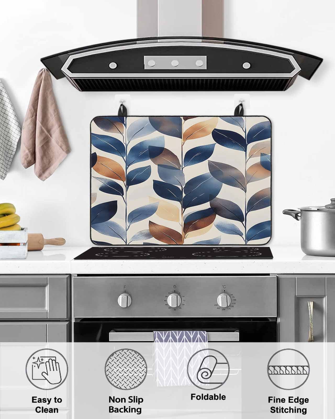 nqOlkjepod Large Induction Cooktop Protector Mat 24"x21", Navy Blue Burnt Orange Botanical Stove Top Covers for Electric Stove, Wildflower Palm Leaf Stove Burner Cover Mats, Glass Top Stove Cover