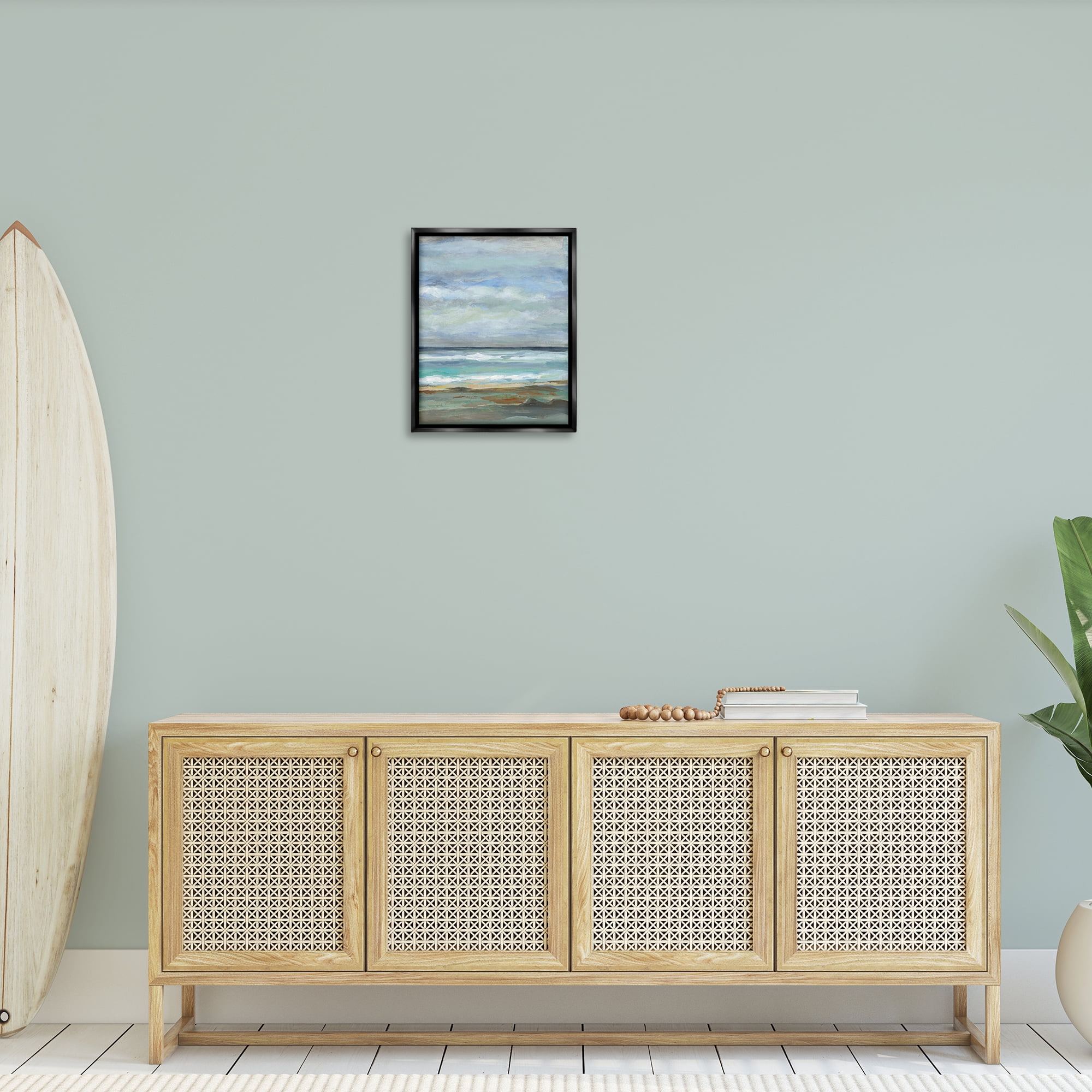 Stupell Industries Traditional Cloudy Seashore Nautical & Beach Painting Black Floater Framed Canvas Art Print Wall Art, 17 x 21