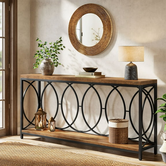 Tribesigns 70.9-Inch Extra Long Industrial Sofa Table, 2-Tier Console Table Behind Couch for Living Room, Entryway, Hallway, Rustic Brown