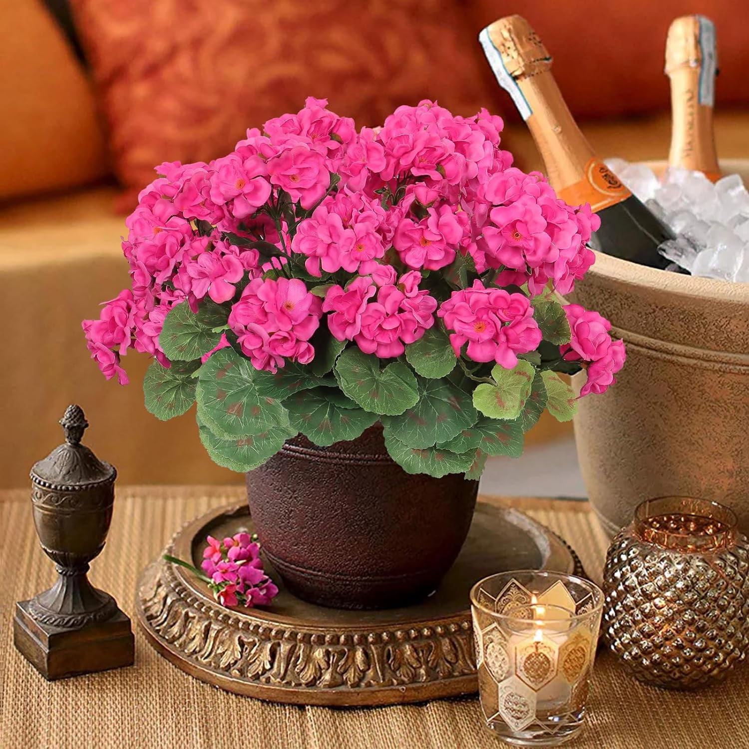 3 Pcs 14'' Artificial Geranium Silk Flower Outdoor UV Resistant Garden Plants Bush Faux Flowers for Home Wedding Kitchen Table Centerpieces Decor (Rose Red)