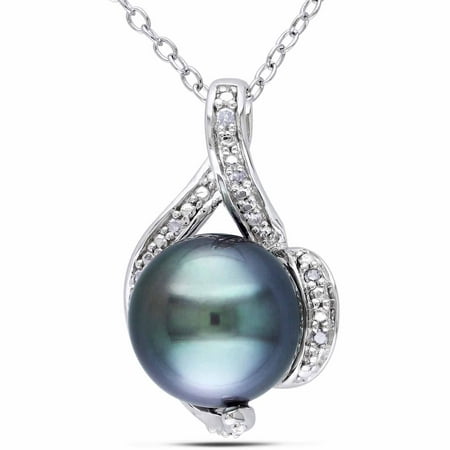 9-9.5mm Black Tahitian Pearl and Diamond-Accent Sterling Silver Pendant