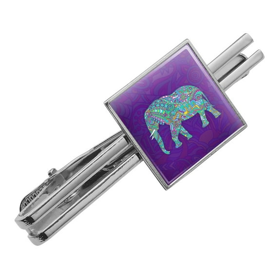 Mosaic Elephant Square Tie Bar Clip Clasp Tack- Silver or Gold