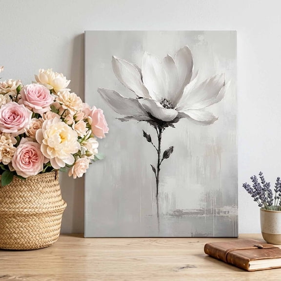 Canvas Wall Art White Floral Canvas Art Print Modern Minimalist Art Botanical Flower Petal Grey Pictures Wall Decor for Living Room Bedroom Artwork Decorations Stretched Framed Ready to Hang 12"x16"