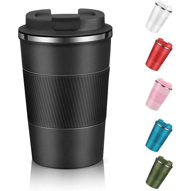 Stainless Steel Vacuum Insulated Travel Mug - 380ml, Black | Double Walled Coffee Cup With Leakproof Lid - Reusable For Hot Cold Coffee | Thermal Mug With Non Slip Protective Cover