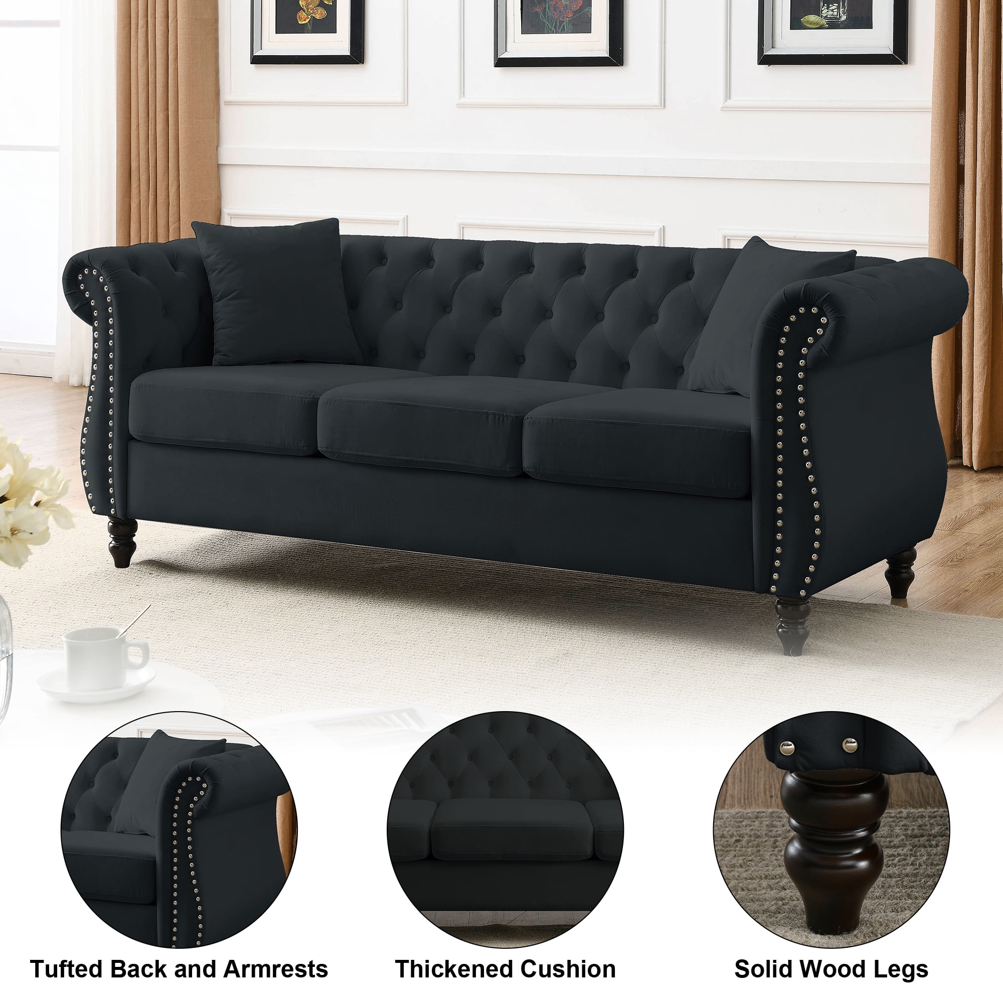 Mid-Century 80"L Couch, 3-Seat Couches and Sofas, Upholstered Sofa with Thicked Cushions, Modern Sofa with Wood Legs, Heavy Duty Couch Furniture for Home Living Room, 80"L x 29"W x 30"H, Black