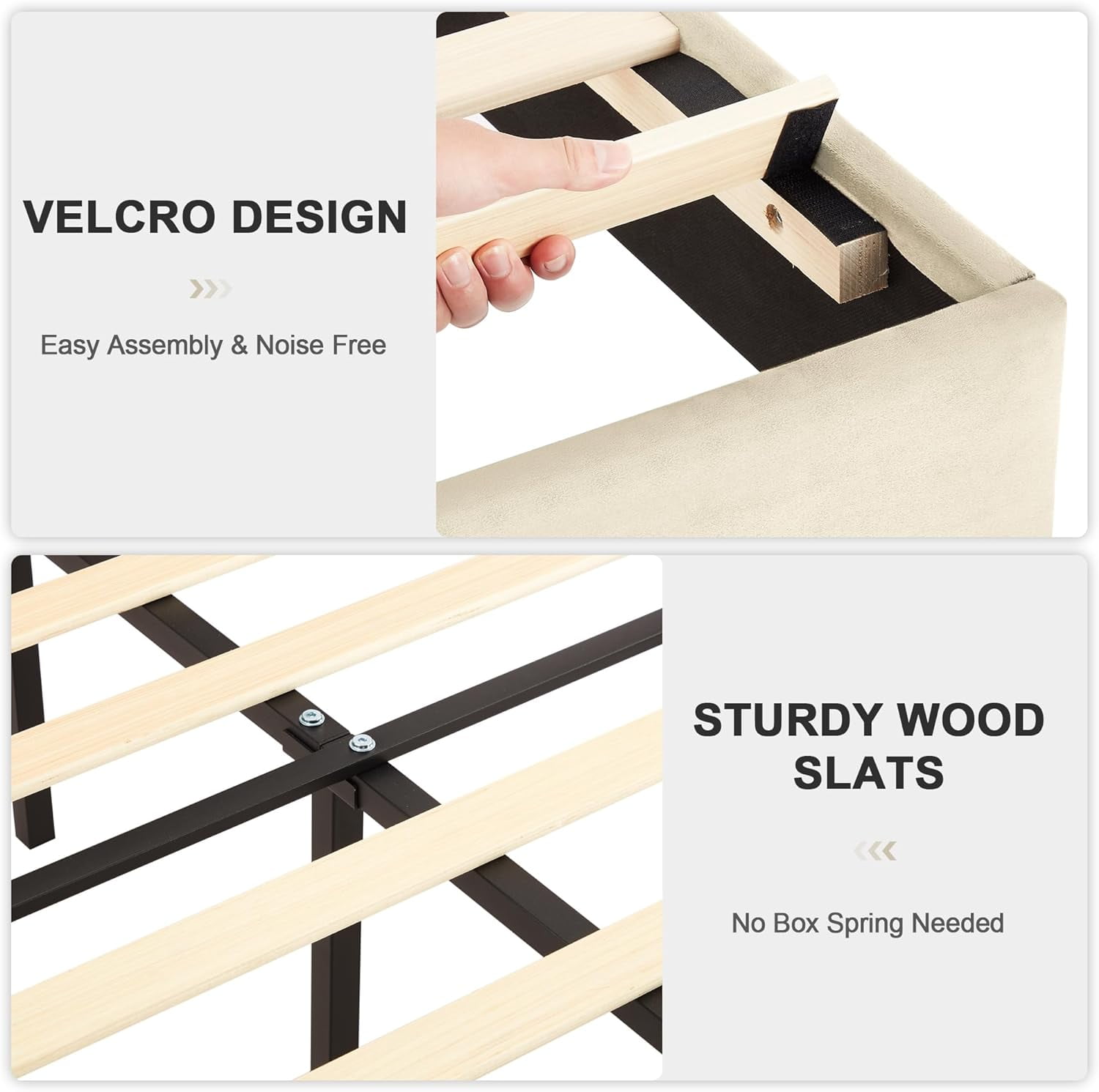 VECELO Full Platform Bed Frame with Upholstered Headboard, Strong Wooden Slats/No Box Spring Needed, Beige